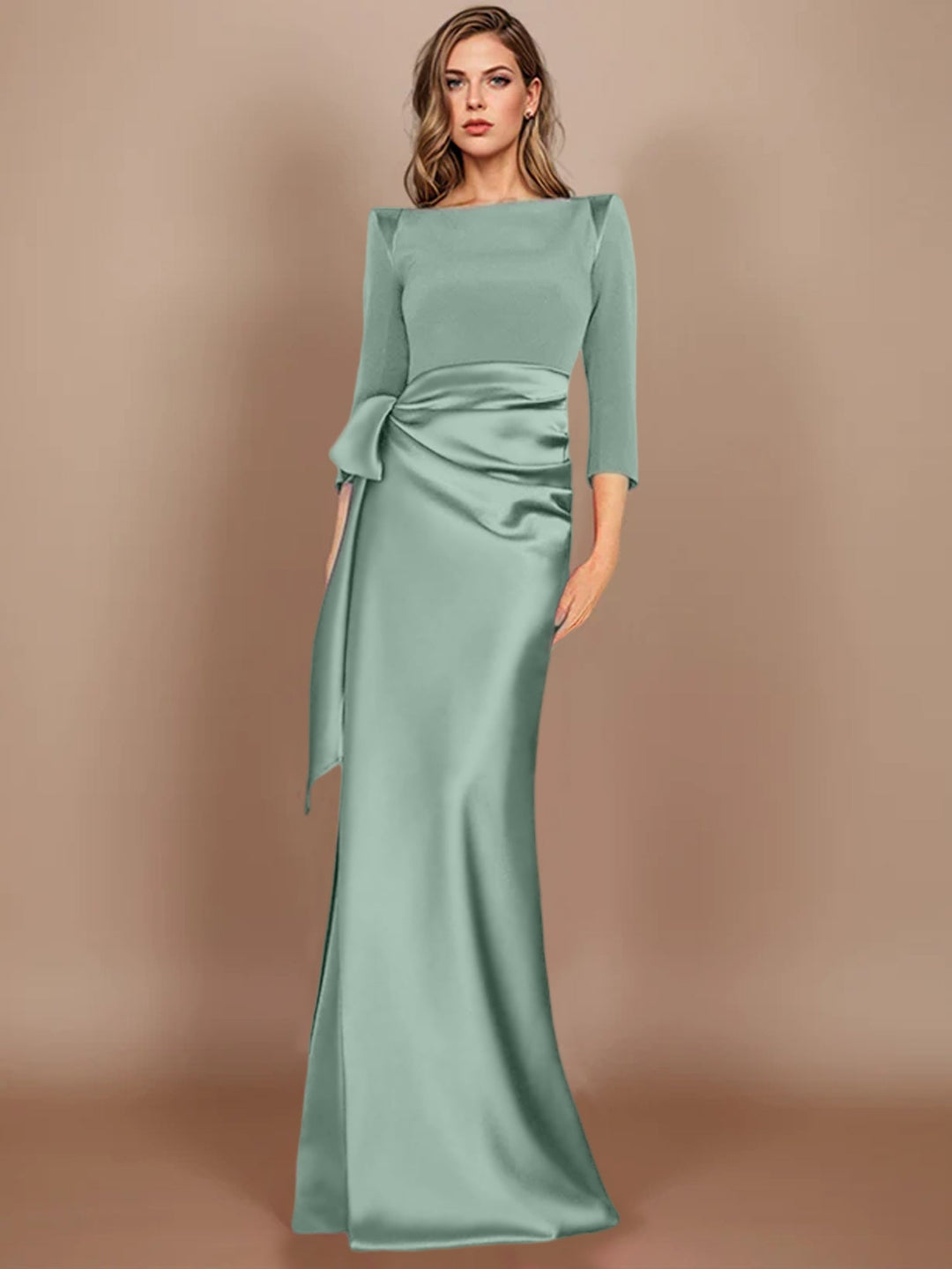 Sheath/Column Scoop 3/4 Length Sleeves Floor-Length Mother of the Bride Dresses with Bow Mist Blue Sheath/Column Scoop 3/4 Length Sleeves Floor-Length Mother of the Bride Dresses with Bow Mist Blue