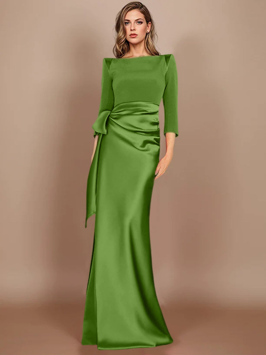 Sheath/Column Scoop 3/4 Length Sleeves Floor-Length Mother of the Bride Dresses with Bow Dusty Sage Sheath/Column Scoop 3/4 Length Sleeves Floor-Length Mother of the Bride Dresses with Bow Dusty Sage