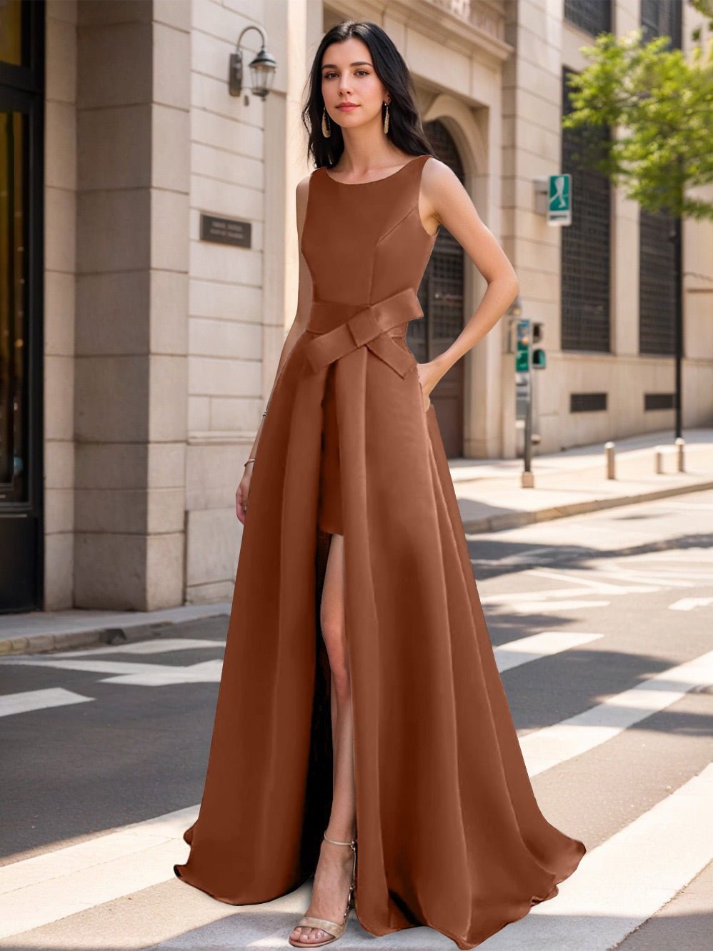 A-Line/Princess Scoop Mother of the Bride Dresses with High Split & Bow Brown