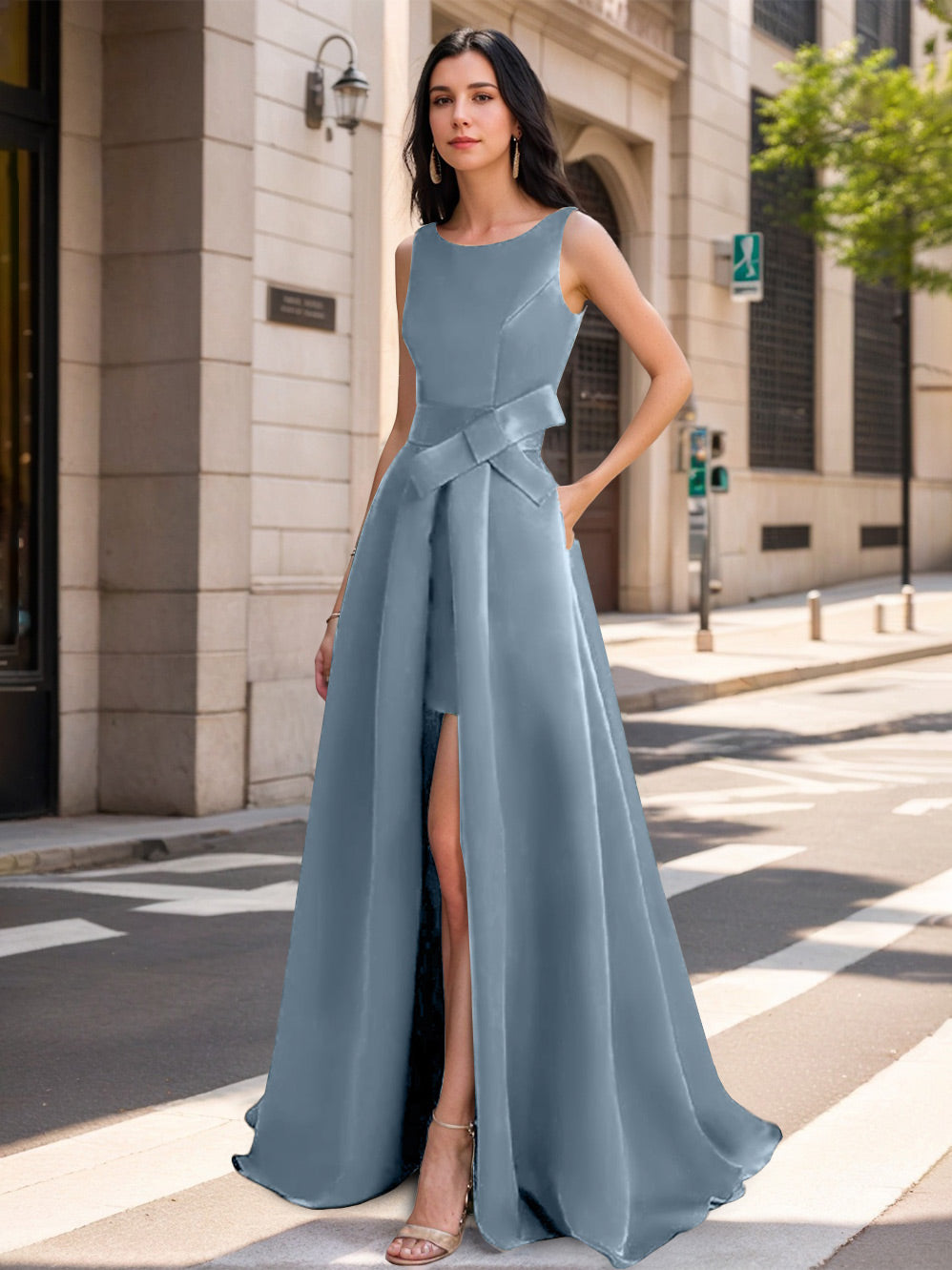 A-Line/Princess Scoop Mother of the Bride Dresses with High Split & Bow Dusty Blue A-Line/Princess Scoop Mother of the Bride Dresses with High Split & Bow Dusty Blue