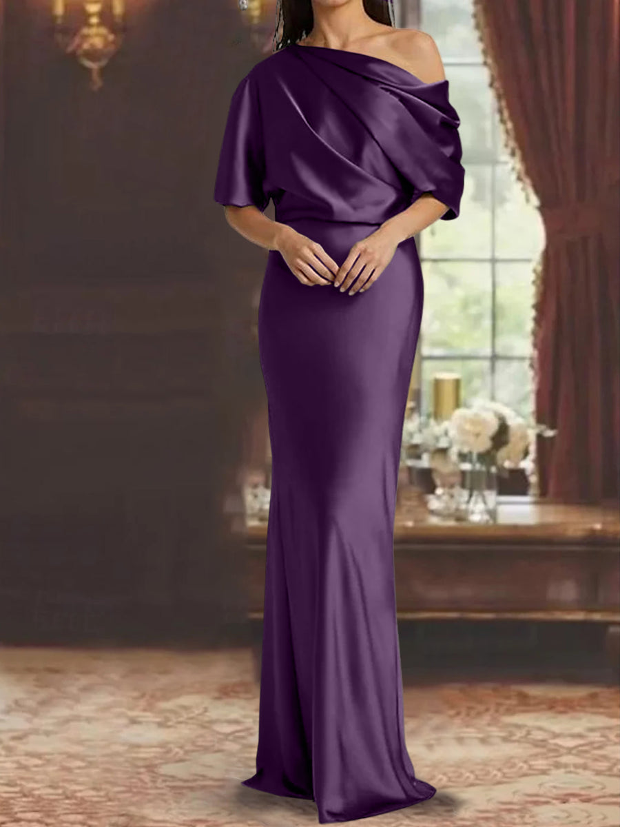 plum mother of the bride dresses Sparkly Sequins Bodice V-Neck Illusion Sleeves High-Low Mother Of The Bride Dresses while the satin fabric drapes beautifully Plum Mother of the Bride