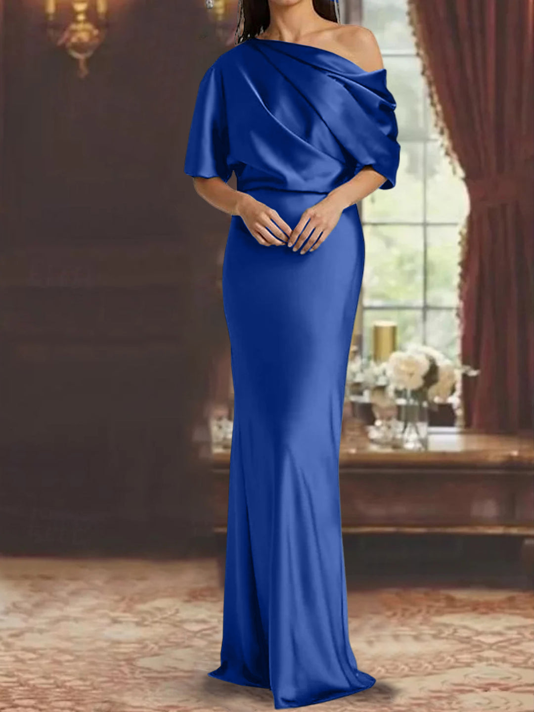 One Shoulder Long Mother of the Groom Dress Steel Blue 2026 Silk Satin Sheath Floor-Length Short Sleeves Formal Wedding Guest Party Evening Gowns One Shoulder Long Mother of the Groom Dress Steel Blue 2026 Silk Satin Sheath Floor-Length Short Sleeves Formal Wedding Guest Party Evening Gowns