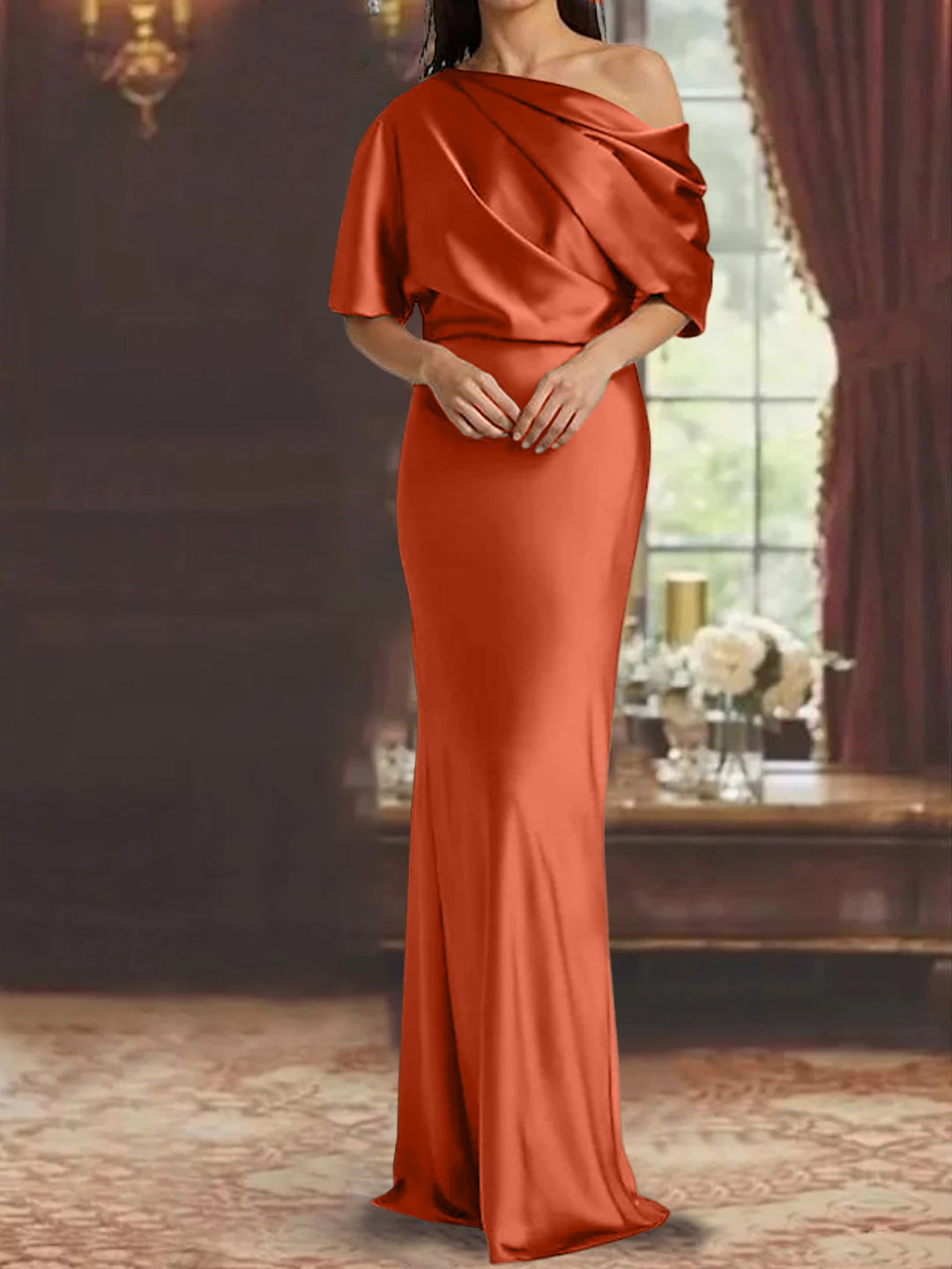Mother of The Bride Gowns Burnt Orange 2026 Women's Elegant One-Shoulder Floor-Length Short Sleeves Formal Wedding Guest Ball Gowns Burnt Orange Mother of The Bride Gowns Burnt Orange 2026 Women's Elegant One-Shoulder Floor-Length Short Sleeves Formal Wedding Guest Ball Gowns Burnt Orange