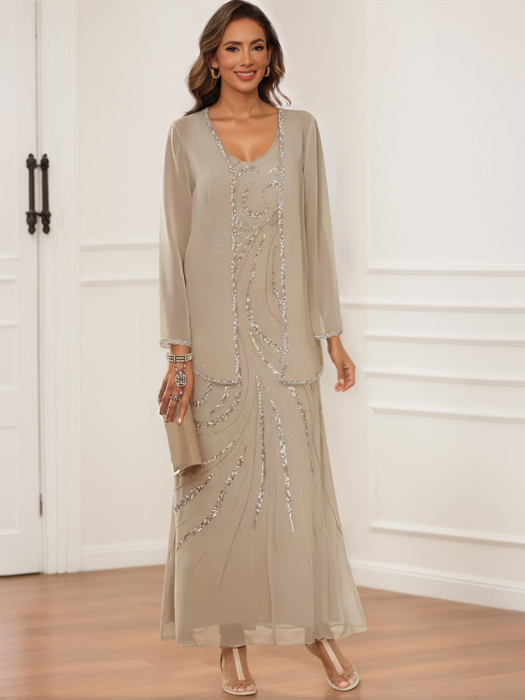 Sheath/Column V-Neck Ankle-Length Mother of the Bride & Groom Dresses with Jacket & Sequins