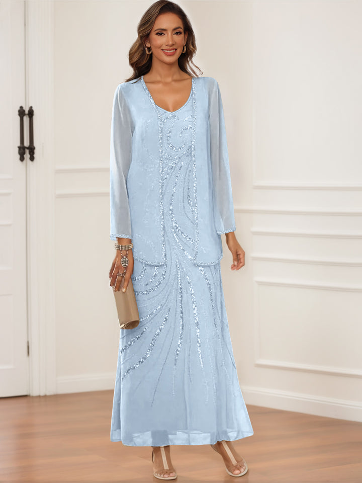 Sheath/Column V-Neck Ankle-Length Mother of the Bride & Groom Dresses with Jacket & Sequins