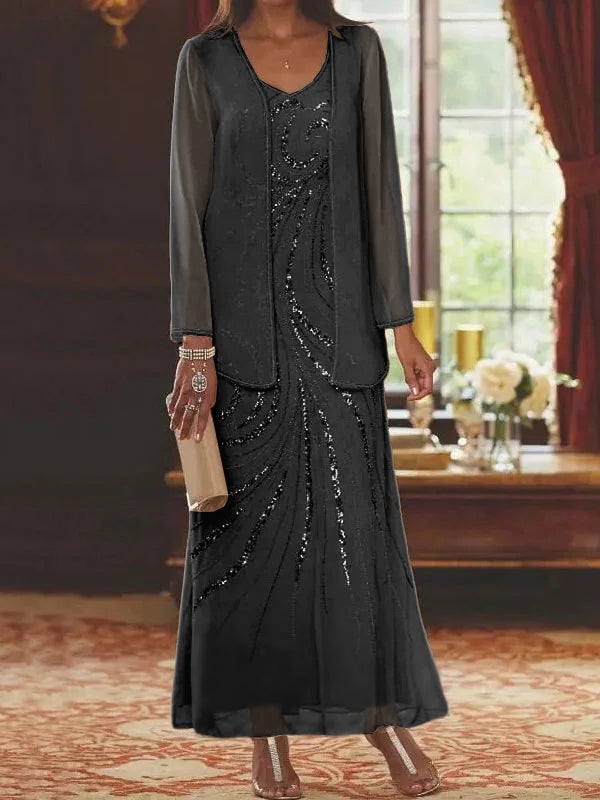 Sheath/Column V-Neck Ankle-Length Mother of the Bride Dresses with Jacket & Sequins