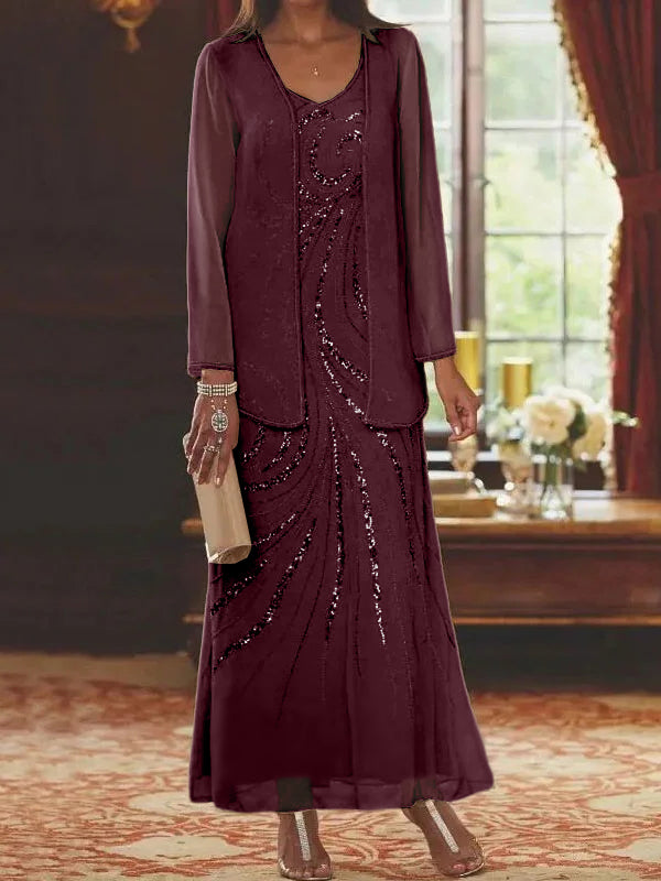 Sheath/Column V-Neck Ankle-Length Mother of the Bride Dresses with Jacket & Sequins