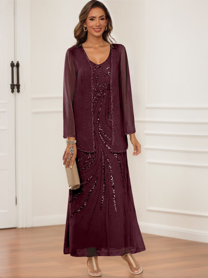 Sheath/Column V-Neck Ankle-Length Mother of the Bride & Groom Dresses with Jacket & Sequins