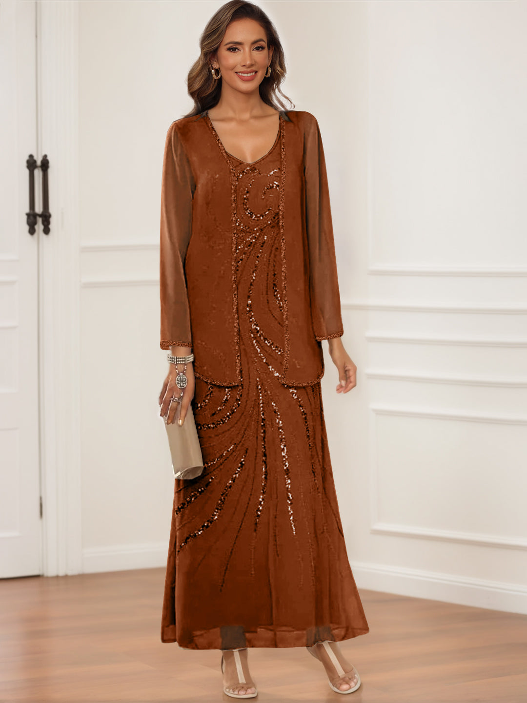 Sheath/Column V-Neck Ankle-Length Mother of the Bride & Groom Dresses with Jacket & Sequins Burnt Orange Sheath/Column V-Neck Ankle-Length Mother of the Bride & Groom Dresses with Jacket & Sequins Burnt Orange