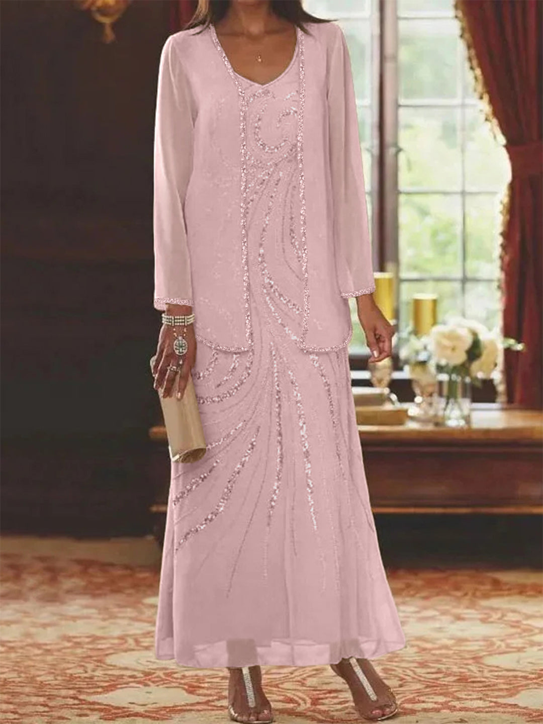 Sheath/Column V-Neck Ankle-Length Mother of the Bride Dresses with Jacket & Sequins