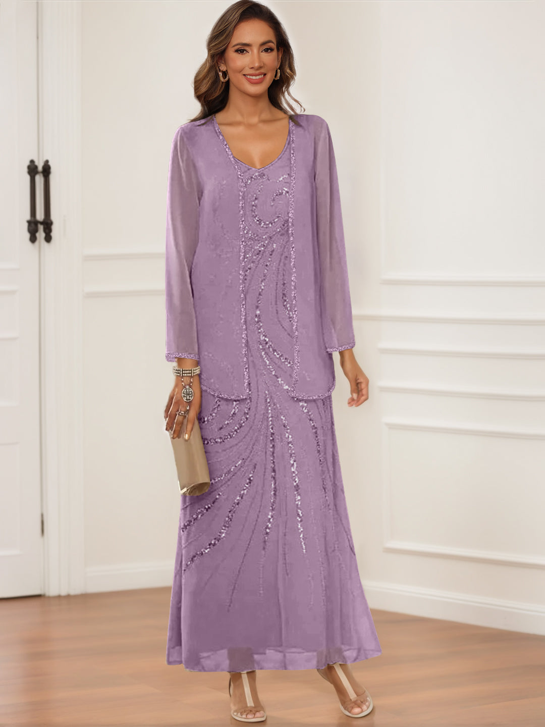 Sheath/Column V-Neck Ankle-Length Mother of the Bride & Groom Dresses with Jacket & Sequins