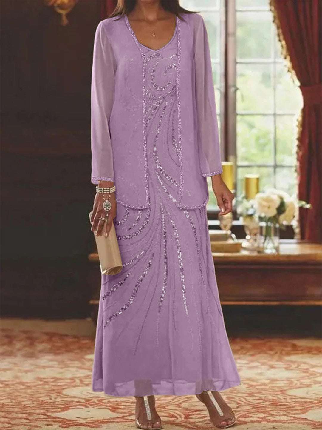 Sheath/Column V-Neck Ankle-Length Mother of the Bride & Groom Dresses with Jacket & Sequins Beading - Mondressy Sheath/Column V-Neck Ankle-Length Mother of the Bride & Groom Dresses with Jacket & Sequins Beading - Mondressy