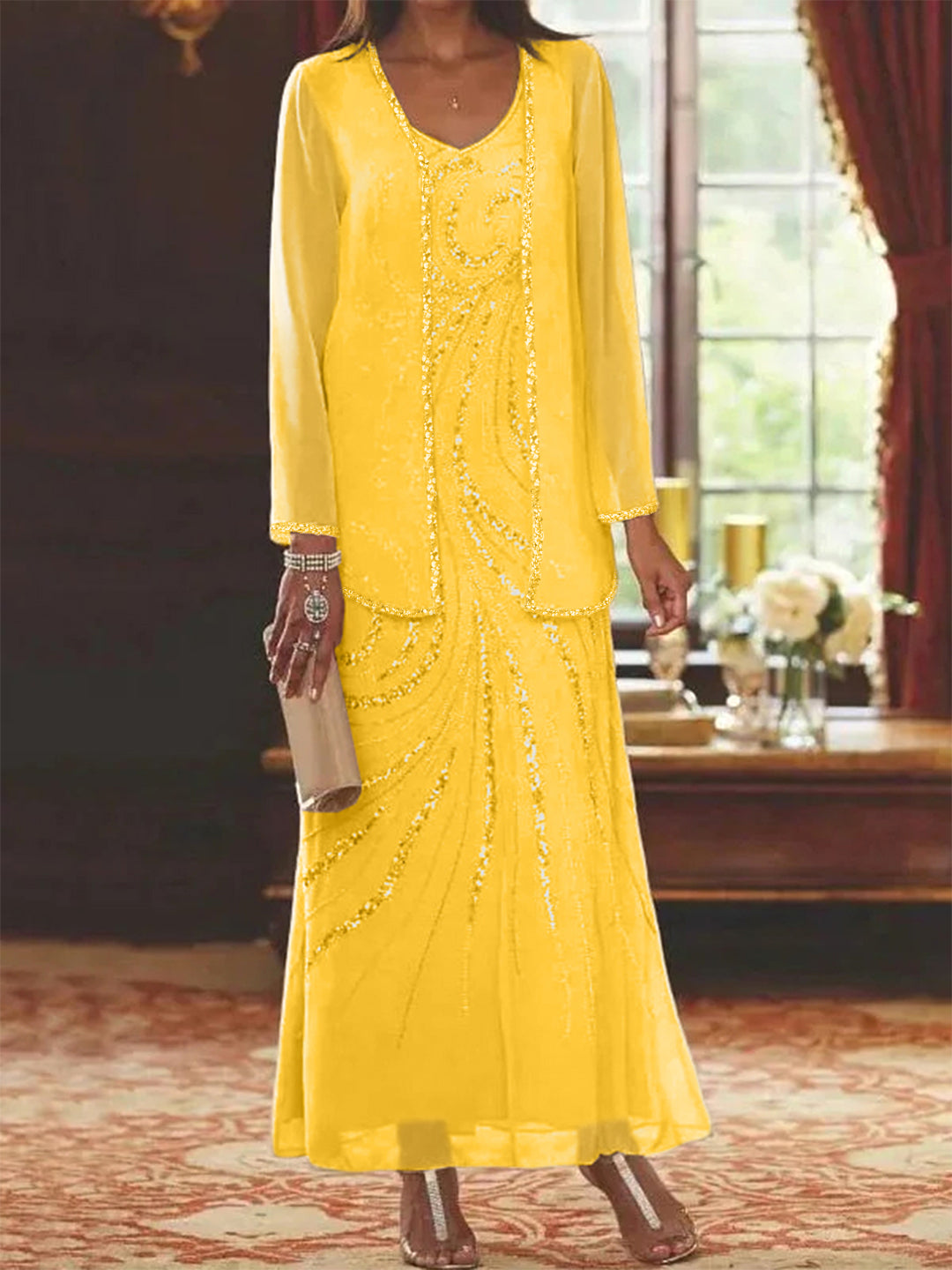 2 Pieces Mother of The Bride Maxi Dresses Gold with Jacket Lace Sequins Elegant Flowy Chiffon Ankle-Length Formal Evening Gown