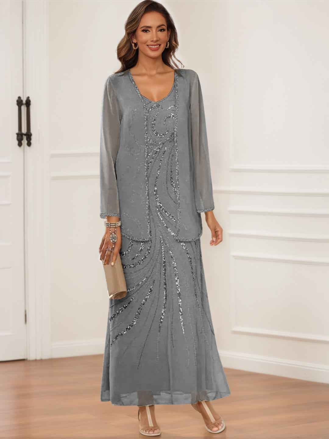 Sheath/Column V-Neck Ankle-Length Mother of the Bride & Groom Dresses with Jacket & Sequins Gray Sheath/Column V-Neck Ankle-Length Mother of the Bride & Groom Dresses with Jacket & Sequins Gray
