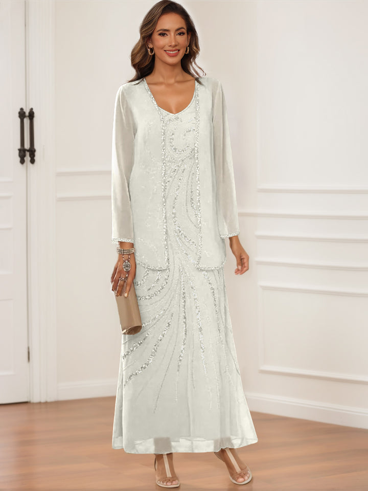 Sheath/Column V-Neck Ankle-Length Mother of the Bride & Groom Dresses with Jacket & Sequins