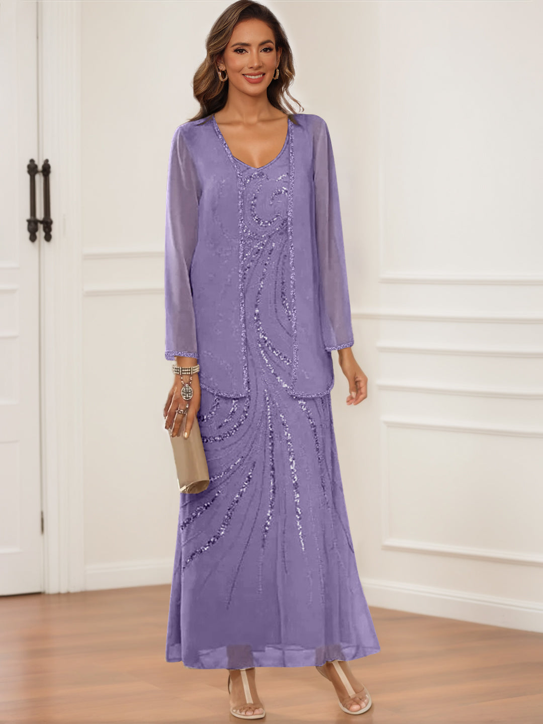 Sheath/Column V-Neck Ankle-Length Mother of the Bride & Groom Dresses with Jacket & Sequins Light Purple Sheath/Column V-Neck Ankle-Length Mother of the Bride & Groom Dresses with Jacket & Sequins Light Purple