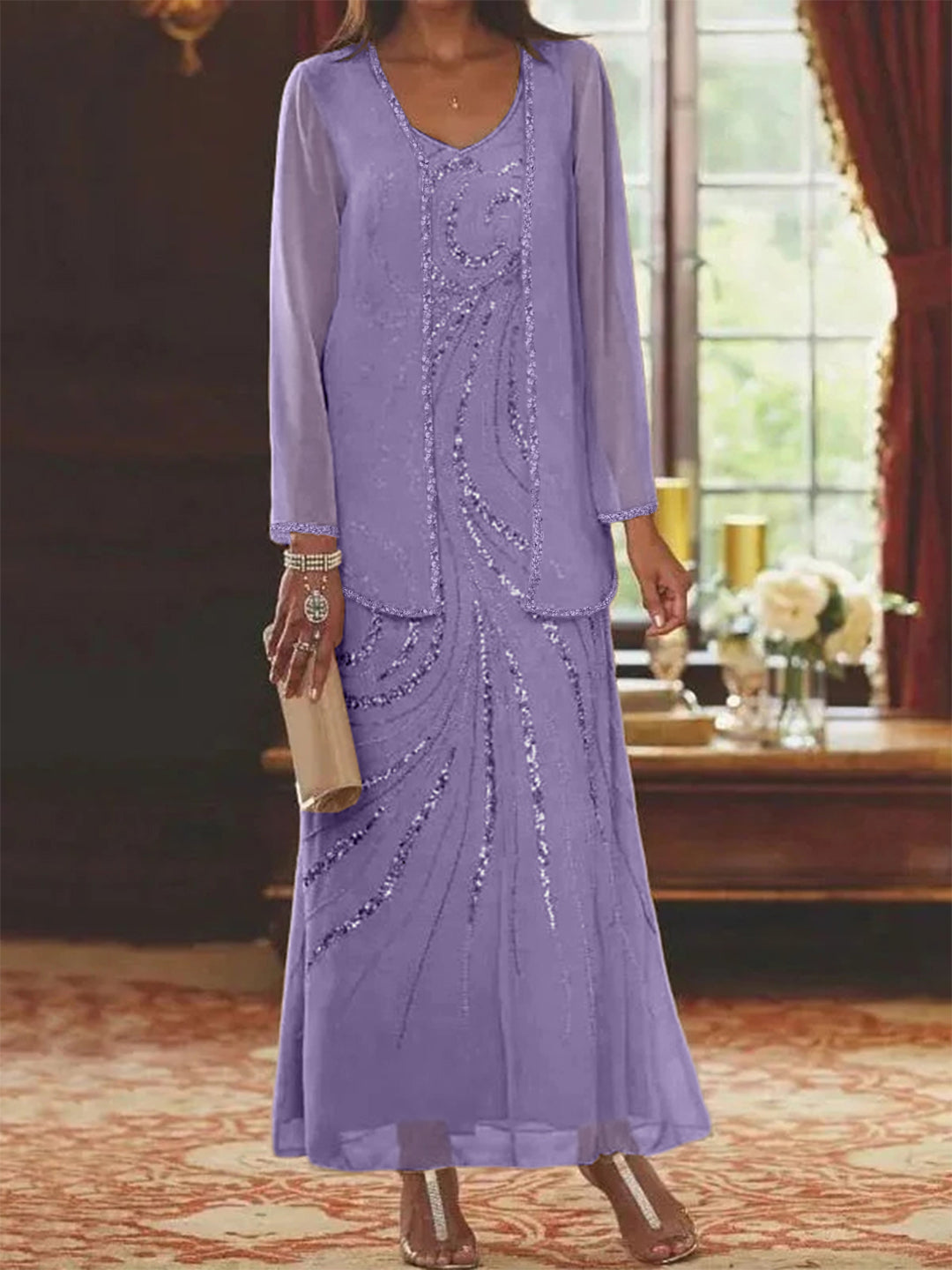 Bridal's Mother Dress Light Purple for Wedding Women's Chiffon 2 Pieces A-Line Ankle-Length Mother of The Bride Gowns Bridal's Mother Dress Light Purple for Wedding Women's Chiffon 2 Pieces A-Line Ankle-Length Mother of The Bride Gowns