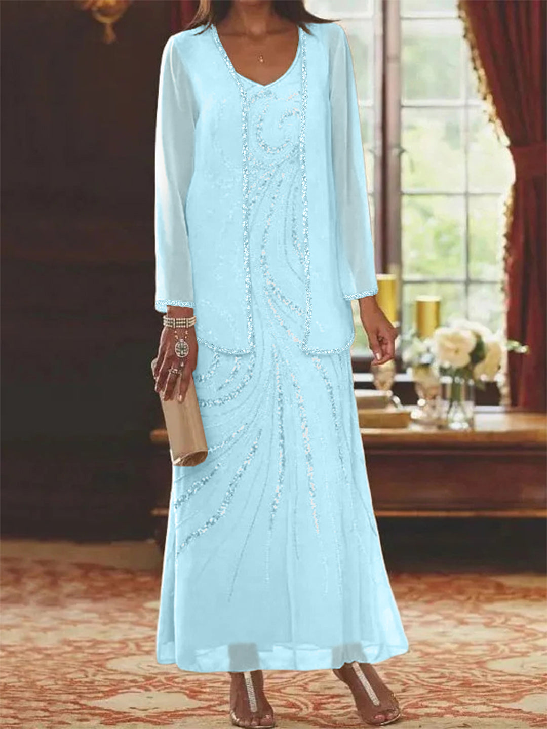 Light Sky Blue Mother of The Groom Dresses 2 Pieces for Women's V-Neck Sequins Wedding Formal Guest Evening Gowns with Jackets Long Light Sky Blue Mother of The Groom Dresses 2 Pieces for Women's V-Neck Sequins Wedding Formal Guest Evening Gowns with Jackets Long