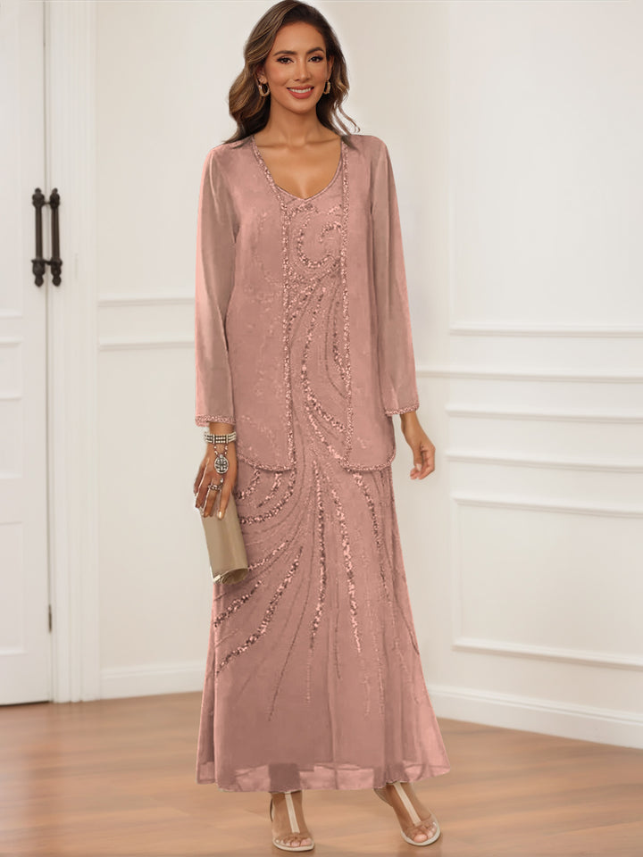 Sheath/Column V-Neck Ankle-Length Mother of the Bride & Groom Dresses with Jacket & Sequins