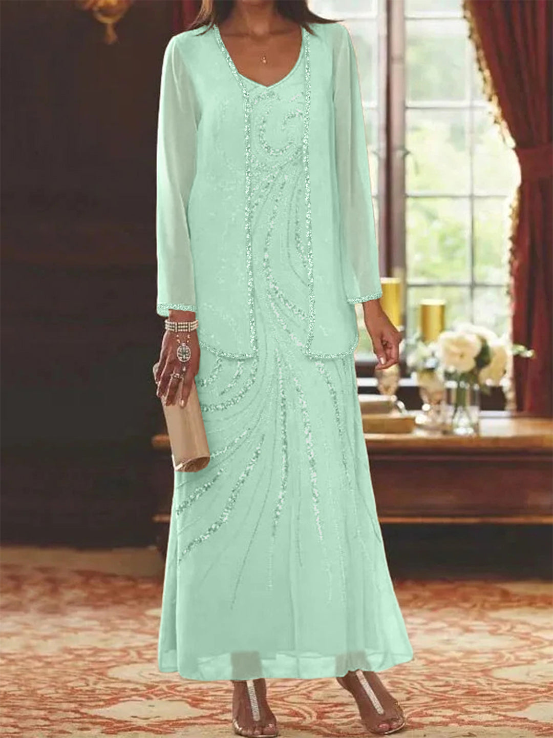 2 Pieces Mother of The Bride Maxi Dresses Mint Green with Jacket Lace Sequins Elegant Flowy Chiffon Ankle-Length Formal Evening Gown 2 Pieces Mother of The Bride Maxi Dresses Mint Green with Jacket Lace Sequins Elegant Flowy Chiffon Ankle-Length Formal Evening Gown
