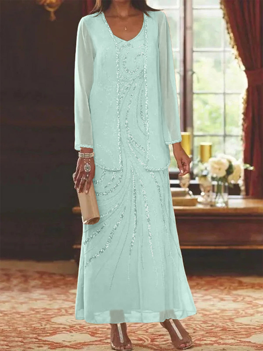 Sheath/Column V-Neck Ankle-Length Mother of the Bride & Groom Dresses with Jacket & Sequins Beading - Mondressy Sheath/Column V-Neck Ankle-Length Mother of the Bride & Groom Dresses with Jacket & Sequins Beading - Mondressy