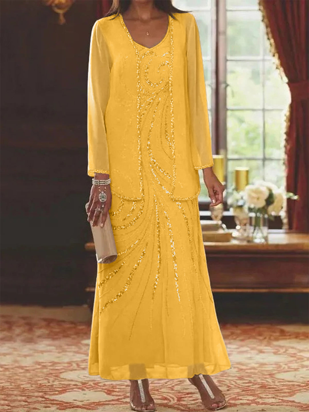 Mothe of The Bride Dresses Mustard Yellow 2 Pieces for Wedding Women's Elegant Women's A-Line Chiffon Formal Dresses with Jackets Mothe of The Bride Dresses Mustard Yellow 2 Pieces for Wedding Women's Elegant Women's A-Line Chiffon Formal Dresses with Jackets