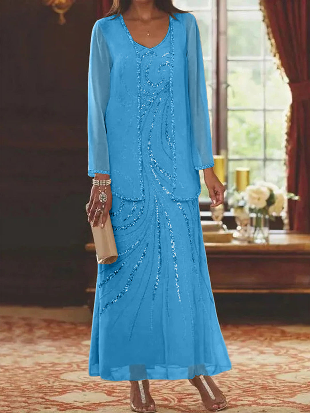 Sheath/Column V-Neck Ankle-Length Mother of the Bride Dresses with Jacket & Sequins Beading Sheath/Column V-Neck Ankle-Length Mother of the Bride Dresses with Jacket & Sequins Beading