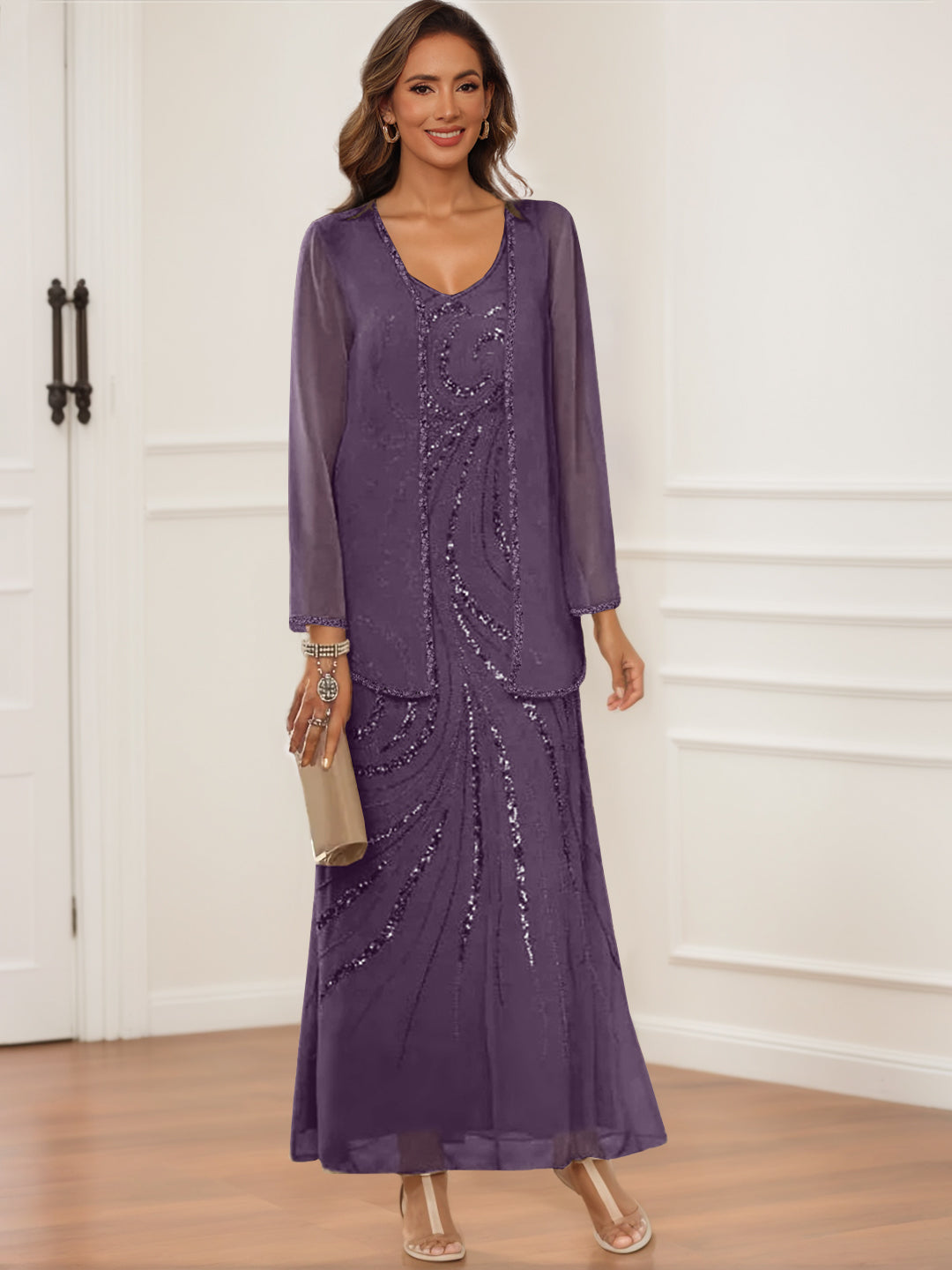 Sheath/Column V-Neck Ankle-Length Mother of the Bride & Groom Dresses