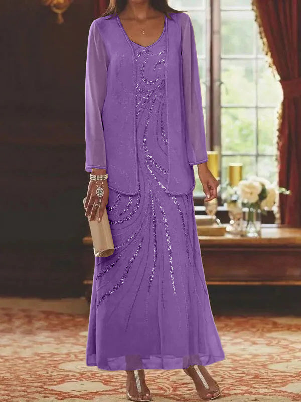 Sheath/Column V-Neck Ankle-Length Mother of the Bride Dresses with Jacket & Sequins