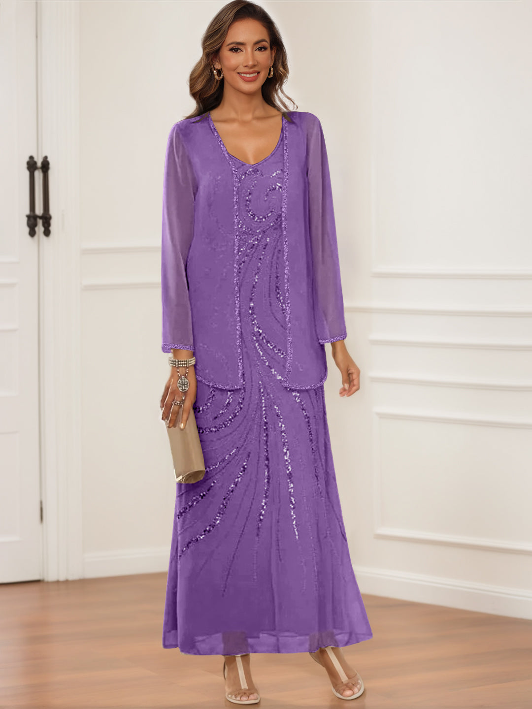 Sheath/Column V-Neck Ankle-Length Mother of the Bride & Groom Dresses with Jacket & Sequins