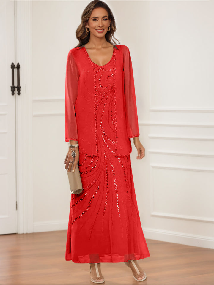 Sheath/Column V-Neck Ankle-Length Mother of the Bride & Groom Dresses with Jacket & Sequins