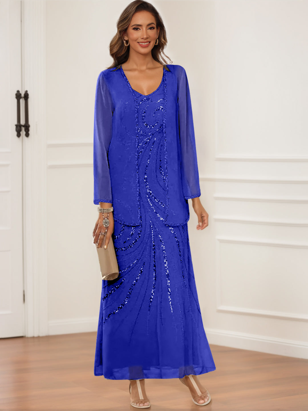 Sheath/Column V-Neck Ankle-Length Mother of the Bride & Groom Dresses with Jacket & Sequins