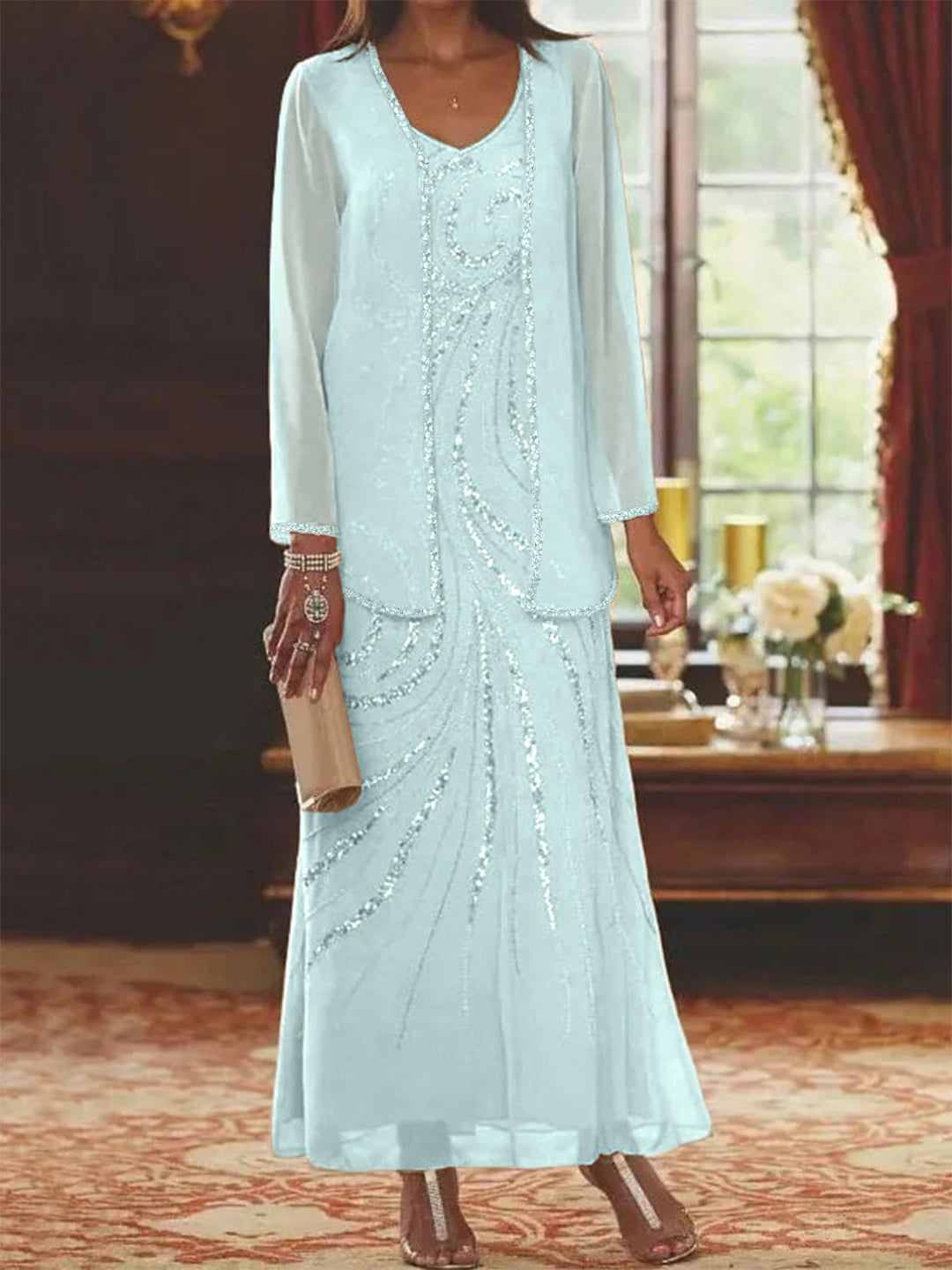 Sky Blue Mother of The Bride Growns Women's 2 Pieces A-Line Chiffon Long Sleeves Wedding Party Formal Evening Dresses Sky Blue Mother of The Bride Growns Women's 2 Pieces A-Line Chiffon Long Sleeves Wedding Party Formal Evening Dresses