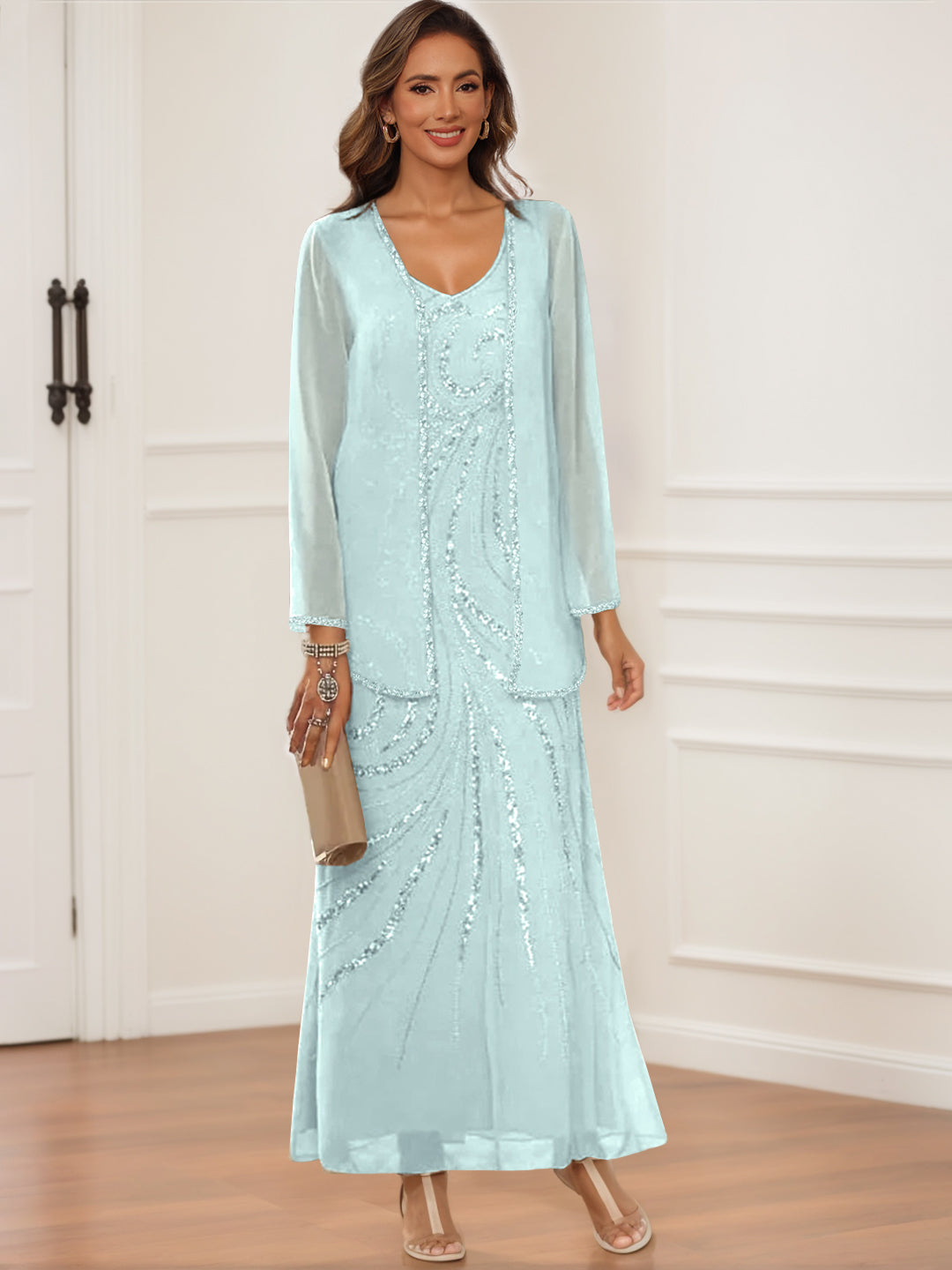 Sheath/Column V-Neck Ankle-Length Mother of the Bride & Groom Dresses with Jacket & Sequins