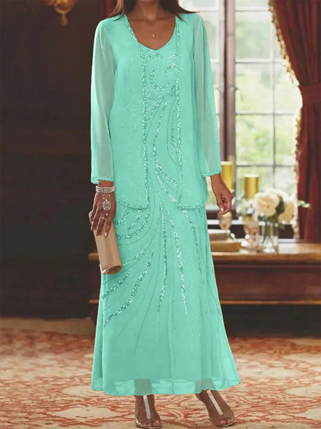 beaded mother of the bride dress with jacket Knee-Length Mother of the Bride Dress with Jacket Beaded Lace A-Line Chiffon Skirt S5083M - Mother of the Bride Dresses