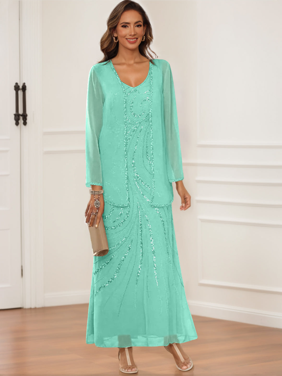 Sheath/Column V-Neck Ankle-Length Mother of the Bride & Groom Dresses with Jacket & Sequins