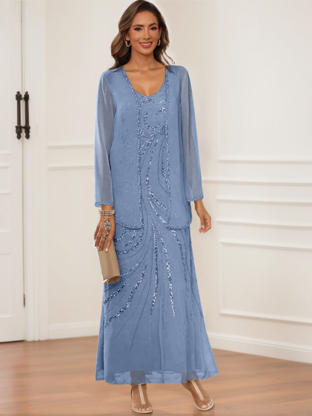 Sheath/Column V-Neck Ankle-Length Mother of the Bride & Groom Dresses with Jacket & Sequins