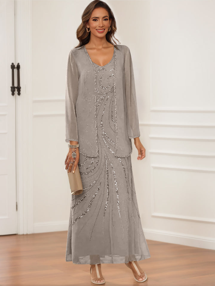 Sheath/Column V-Neck Ankle-Length Mother of the Bride & Groom Dresses with Jacket & Sequins