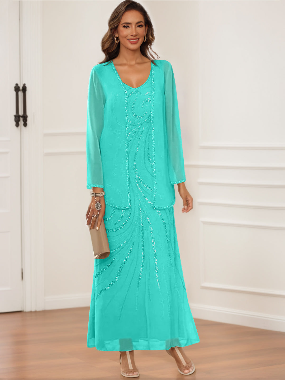 Sheath/Column V-Neck Ankle-Length Mother of the Bride & Groom Dresses with Jacket & Sequins