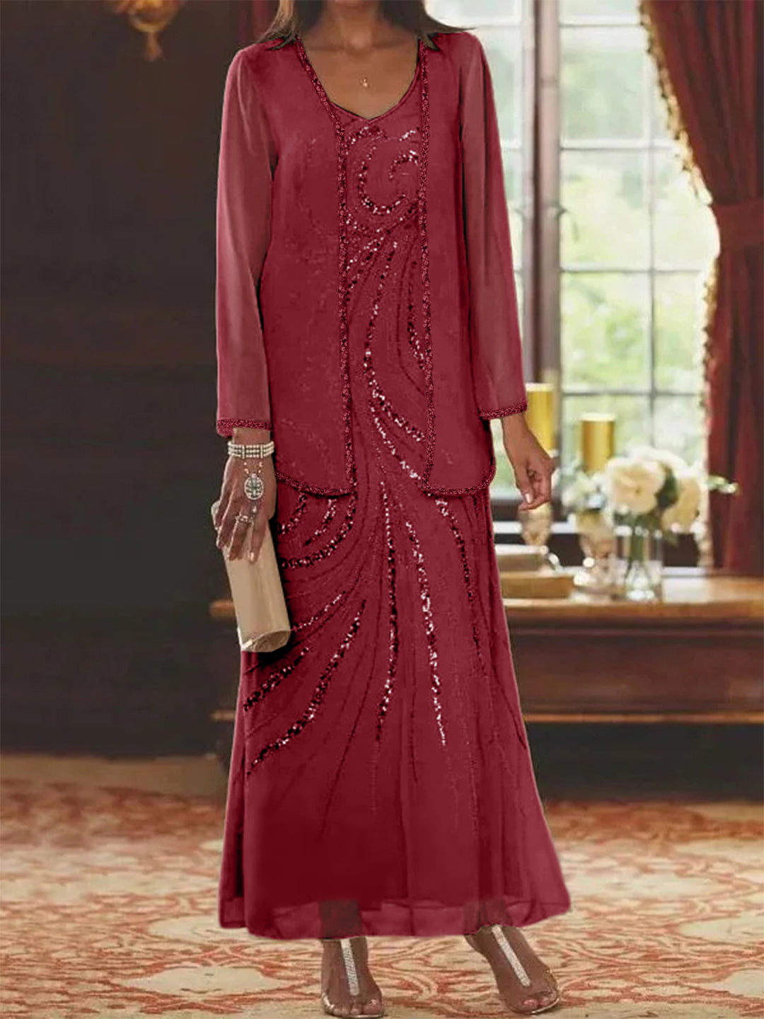 Sheath/Column V-Neck Ankle-Length Mother of the Bride Dresses with Jacket & Sequins