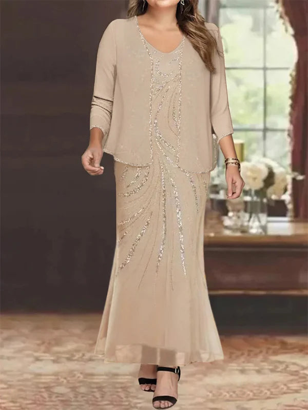 Plus-size deep V-neck chiffon sheath/column mother of the bride dress with long sleeves and ankle-length.
