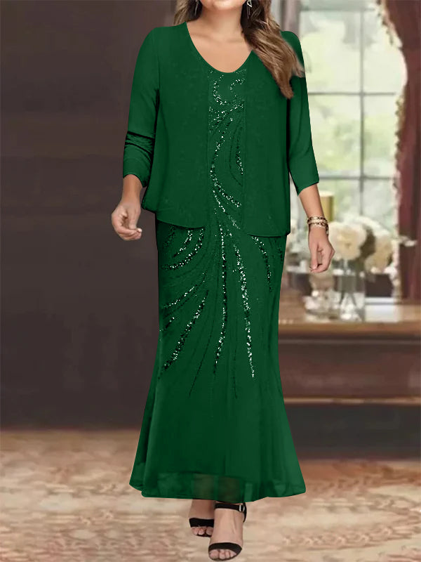 Sheath/Column V-Neck Ankle-Length Plus Size Mother of the Bride Dresses with Jacket & Sequins