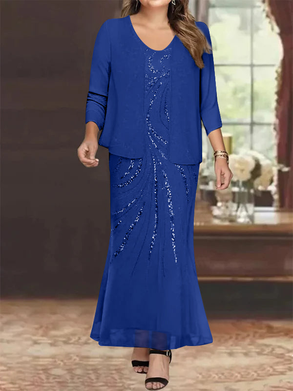 Sheath/Column V-Neck Ankle-Length Plus Size Mother of the Bride Dresses with Jacket & Sequins