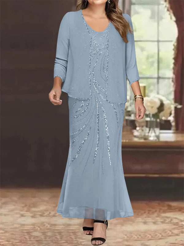 Sheath/Column V-Neck Ankle-Length Plus Size Mother of the Bride Dresses with Jacket & Sequins Beading Dusty Blue
