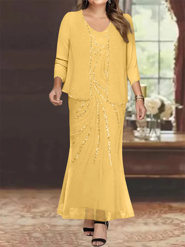 Sheath/Column V-Neck Ankle-Length Plus Size Mother of the Bride Dresses with Jacket & Sequins Beading Gold Sheath/Column V-Neck Ankle-Length Plus Size Mother of the Bride Dresses with Jacket & Sequins Beading Gold