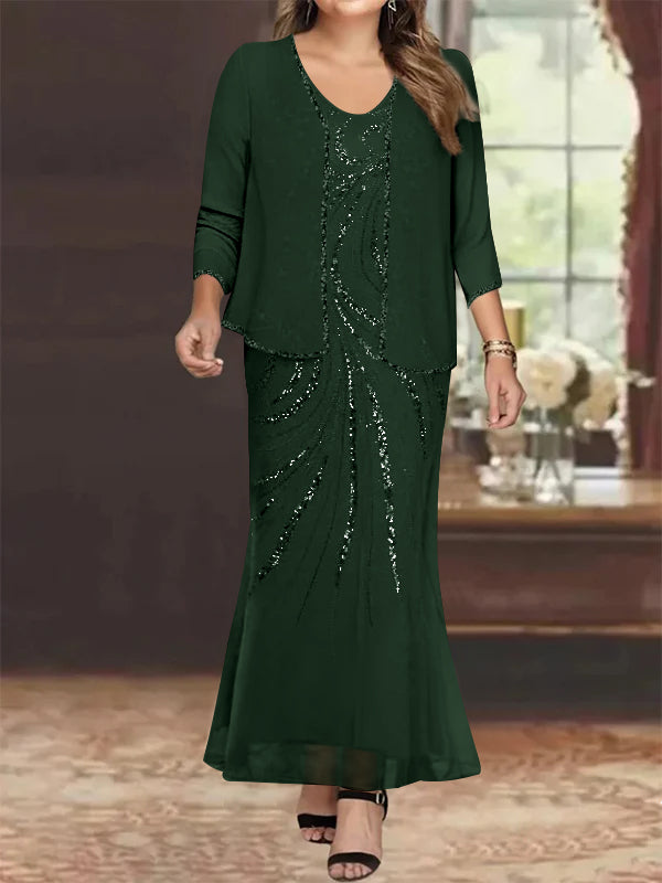 Sheath/Column V-Neck Ankle-Length Plus Size Mother of the Bride Dresses with Jacket & Sequins