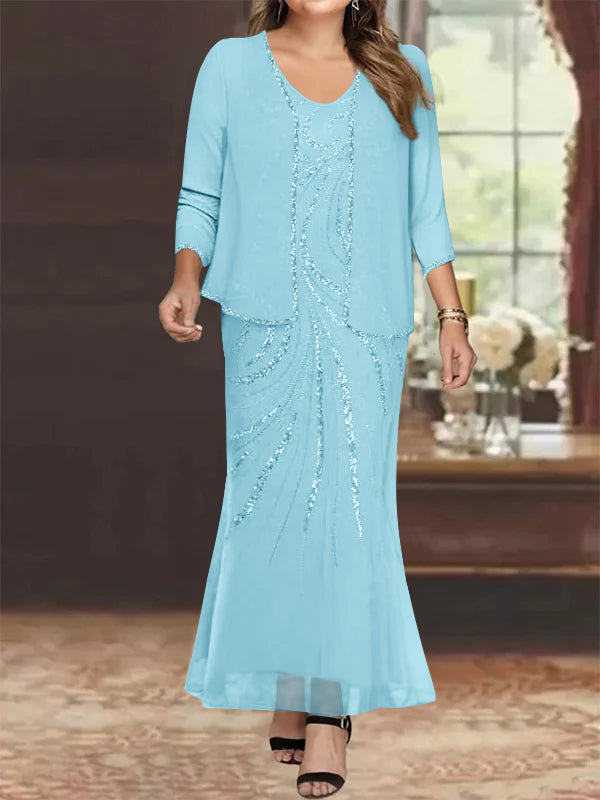 Sheath/Column V-Neck Ankle-Length Plus Size Mother of the Bride Dresse - Mondressy Sheath/Column V-Neck Ankle-Length Plus Size Mother of the Bride Dresse - Mondressy