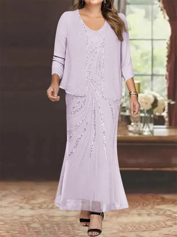 Sheath/Column V-Neck Ankle-Length Plus Size Mother of the Bride Dresses with Jacket & Sequins Beading Lilac Sheath/Column V-Neck Ankle-Length Plus Size Mother of the Bride Dresses with Jacket & Sequins Beading Lilac