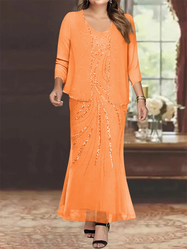 Sheath/Column V-Neck Ankle-Length Plus Size Mother of the Bride Dresses with Jacket & Sequins Beading Orange Sheath/Column V-Neck Ankle-Length Plus Size Mother of the Bride Dresses with Jacket & Sequins Beading Orange