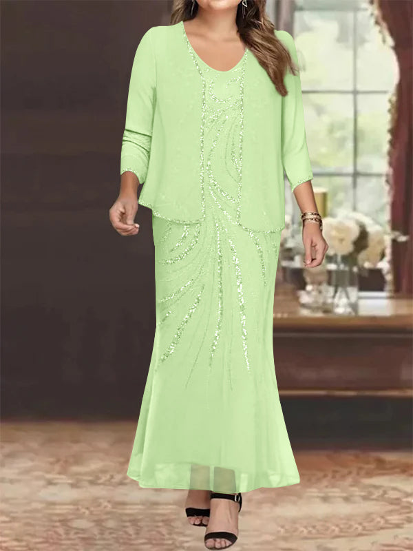 Sheath/Column V-Neck Ankle-Length Plus Size Mother of the Bride Dresse - Mondressy Sheath/Column V-Neck Ankle-Length Plus Size Mother of the Bride Dresse - Mondressy